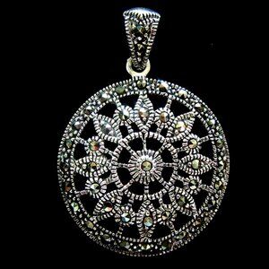 Vintage sterling silver & marcasite round pendant - Victorial Revival